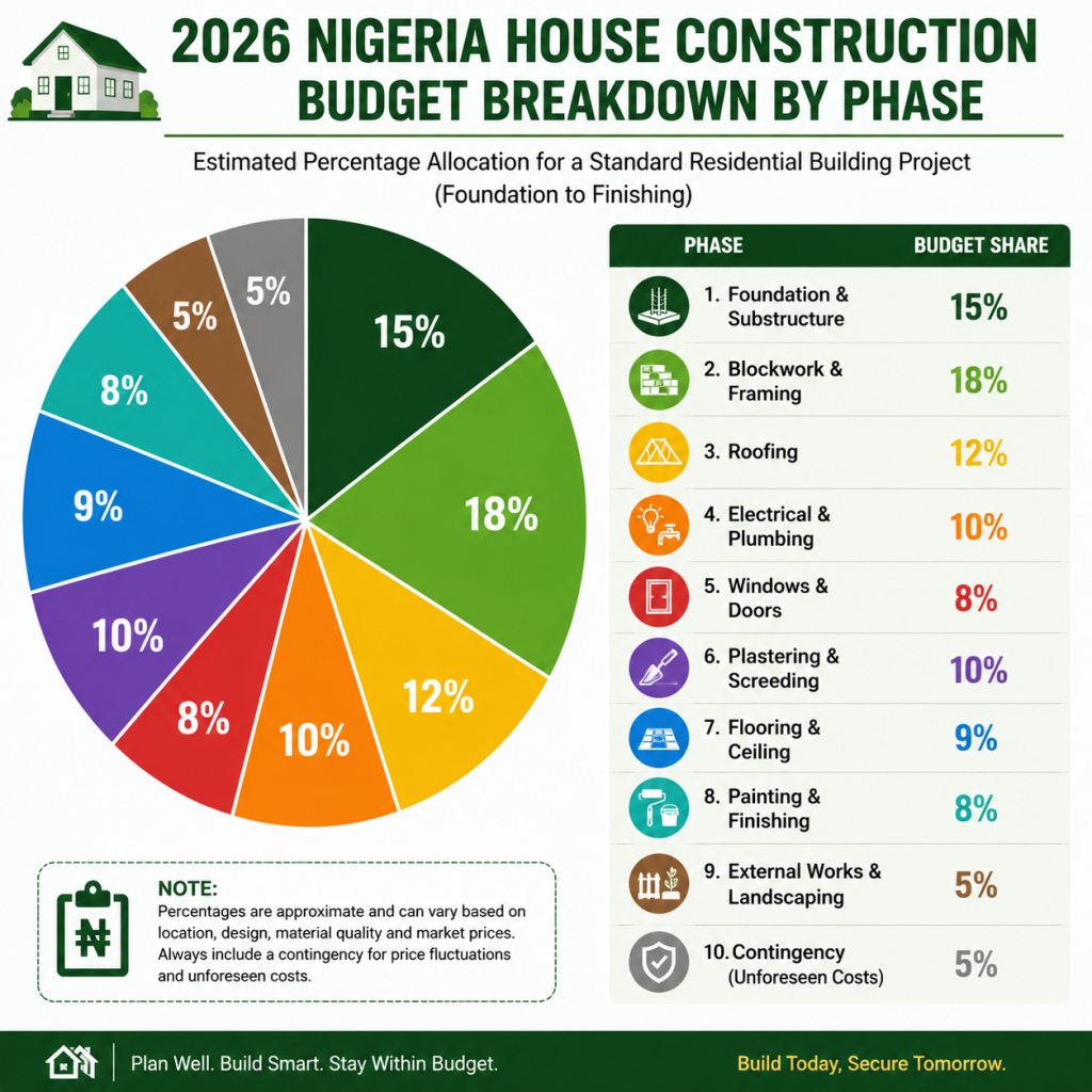 infographic/pie chart showing 2026 Nigeria house construction budget breakdown by phase