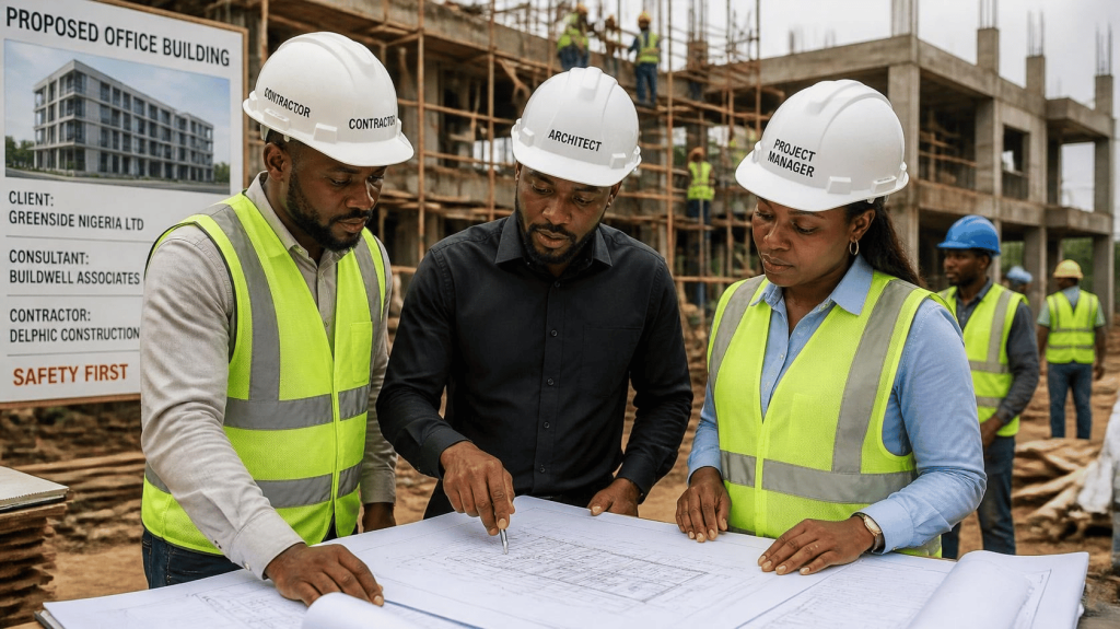 Nigerian construction team on site — architect reviewing plans with contractor and project manager