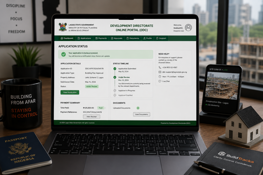 a laptop showing a DDC online portal application status, diaspora remote monitoring context