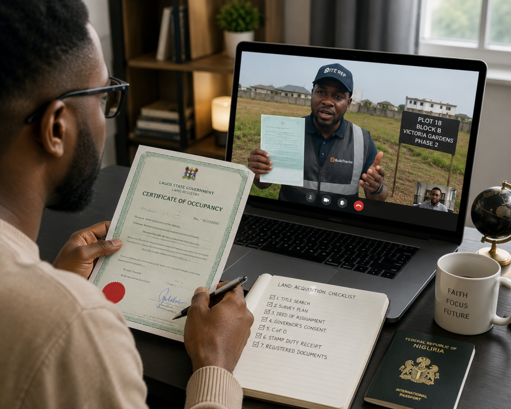 a diaspora Nigerian reviewing land documents over video call with a local representative on site