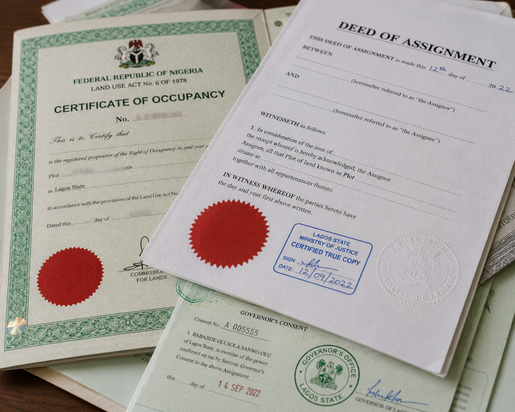 a stack of Nigerian land title documents including C of O and Deed of Assignment, close-up on official stamps