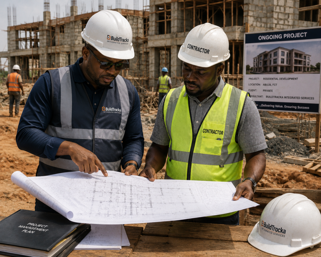 a construction project manager reviewing site drawings with a contractor on an active Abuja building site