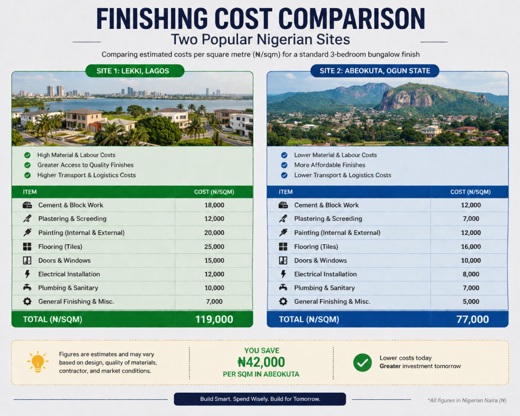 Cost of Finishing a House in Nigeria comparison between two locations