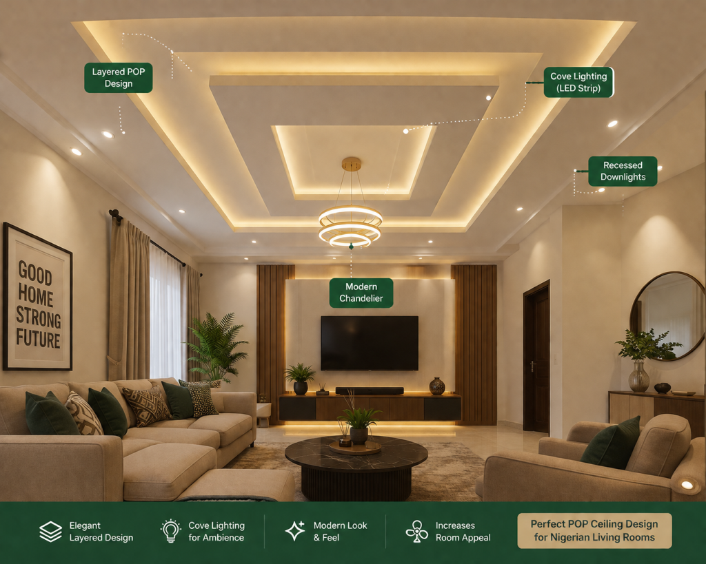 a layered POP ceiling design with cove lighting in a Nigerian living room