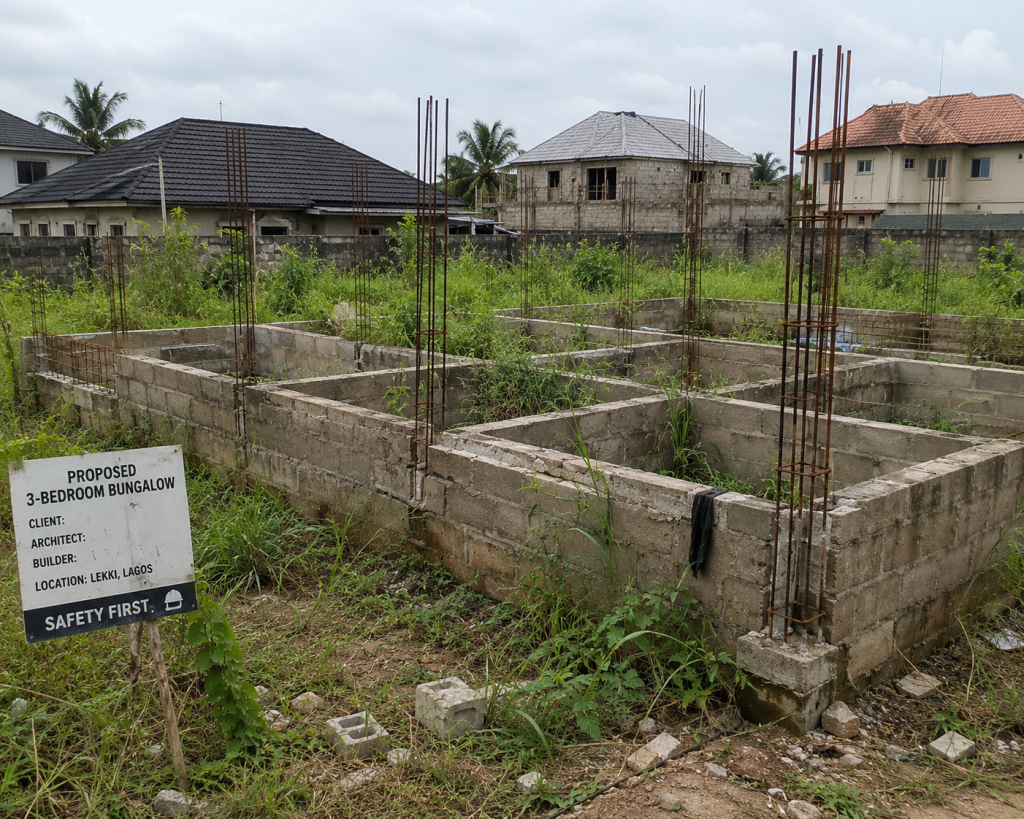 a half-finished building foundation with exposed rebar, overgrown site, Nigerian construction context